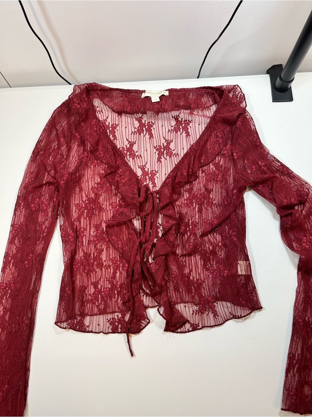 Thirty Thirty LA Burgundy Sheer Floral Lace Tie Front Ruffle Top